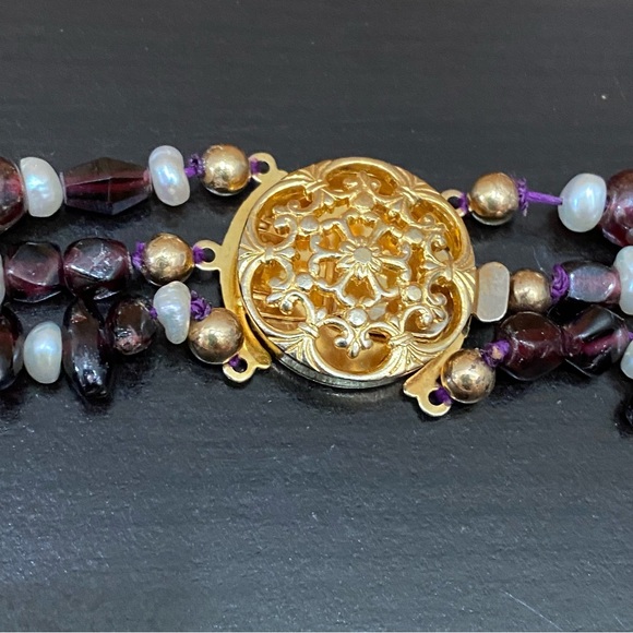 Triple Strand Garnet Crystal Pearl Lampwork Glass Beads Multi-Stand 17” Necklace - Picture 11 of 15